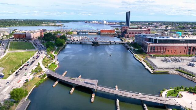 Providence River aerial view including Provicence River Bridge, with Narragansett Bay at the background, downtown Providence, Rhode Island RI, USA.