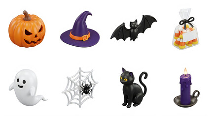 Obraz premium Halloween icons with pumpkin hat bat candy bag ghost spider cat candle isolated on transparent background