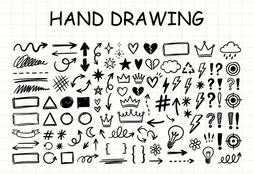 Hand Drawn Doodle Arrow and Symbol Set, Cute Scribble Elements, Sketch Heart, Star, Crown, Lightning Bolt Line Art Vector