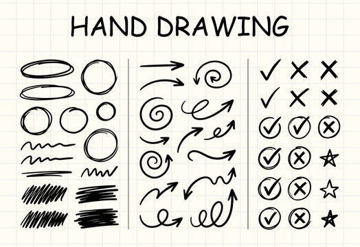 Hand Drawn Doodle Arrow, Circle and Check Mark Set, Cute Scribble Elements, Sketch Underline and Cross Line Art Vector