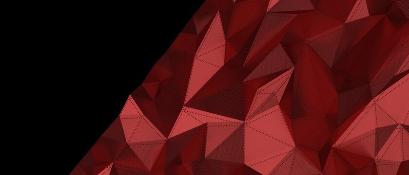 Abstract network of red geometric polygons with textured surface and black background.