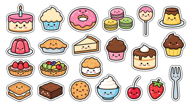Cute Dessert Party Cake Cupcake Donut and Pastry Sticker Bundle Vector