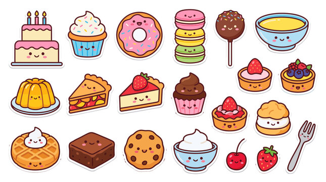 Cute Dessert Party Cake Cupcake Donut and Pastry Sticker Bundle Vector