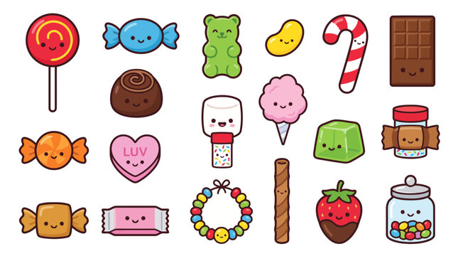 Cute Candy and Sweets Sticker Bundle Gummy Chocolate Lollipop Vector