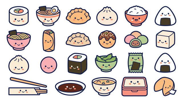Cute Asian Food Sushi Ramen Dumplings and Bento Sticker Bundle Vector