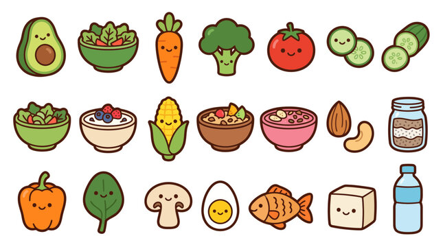 Cute Healthy Food Vegetable Fruit and Wellness Sticker Bundle Vector