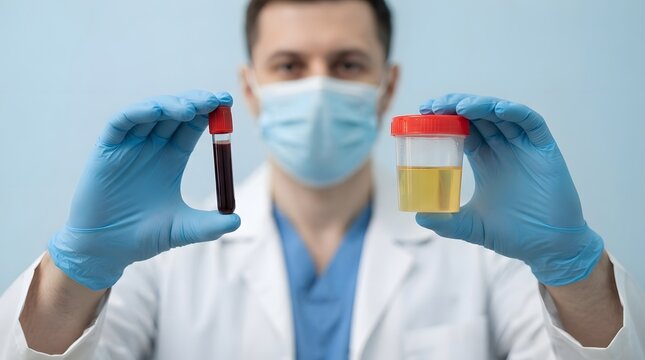 Doctor Holding Blood Test Tube and Urine Sample Cup, Laboratory Diagnostic Testing Concept
