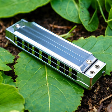 Silver harmonica resting on green leaves and dark soil, musical instrument for blues and folk music, outdoor leisure activity