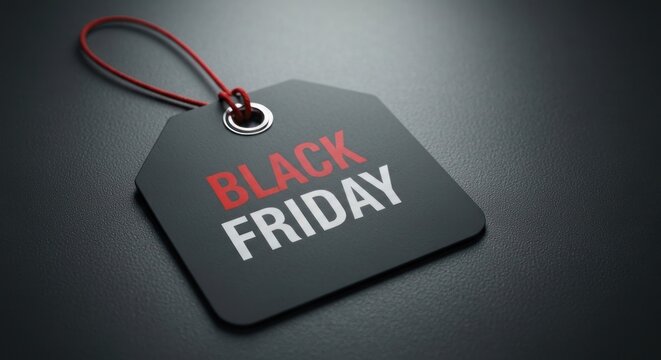 Black tag with "Black Friday" text, red string, on dark, textured background