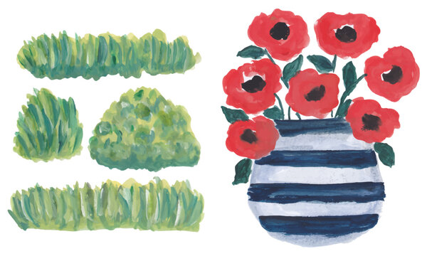 Grass and red flowers in vase hand drawn watercolor clip art