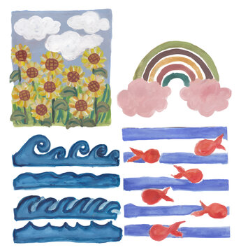 Sunflowers, rainbow, ocean wave and fishes hand drawn watercolor clip art