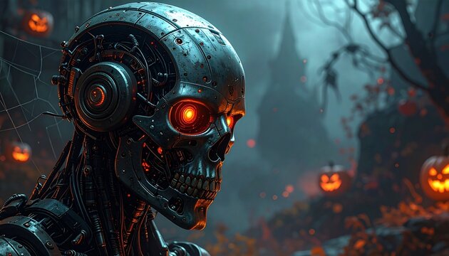 Halloween themed background illustration with Artificial intelligence robot, pumpkin lanterns and old spooky castle with mist 