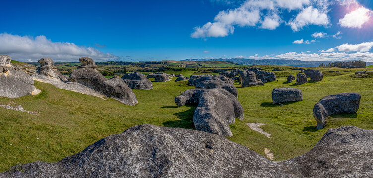 Elephant Rocks verwitterte Kalksteinfelsen auf gruener Weide bei Duntroon Neuseeland