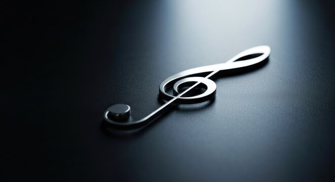 Elegant silver treble clef on a dark, glossy surface; selective focus