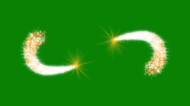 Sparkling golden infinity symbol forming from a glittering particle trail with glowing light effects on green background