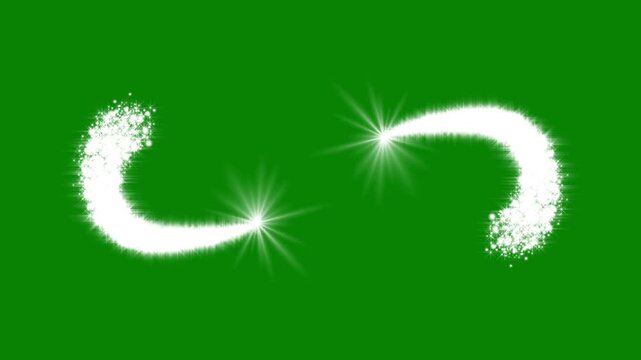 Sparkling white infinity symbol forming from a glittering particle trail with glowing light effects on green background