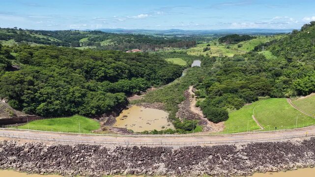 Euclides Da Cunha Reservoir In Sao Jose Do Rio Pardo Sao Paulo Brazil. Drone Capturing The Hydroelectric Producing Clean Energy. Rural Landscape. Green Valley. Sao Jose do Rio Pardo Sao Paulo.