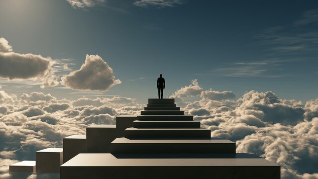 Career Success, powerful vision of professional transformation from beginner to accomplished leader represented through ascending platforms, continuous learning, discipline, resilience, networking