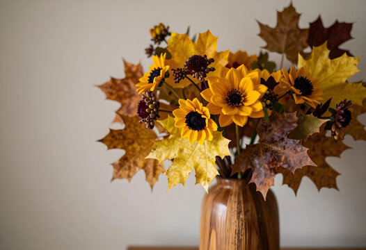 Autumn floral arrangement with yellow flowers and maple leaves in a wooden vase, fall season decor, the bouquet is displayed in a rustic wooden vase