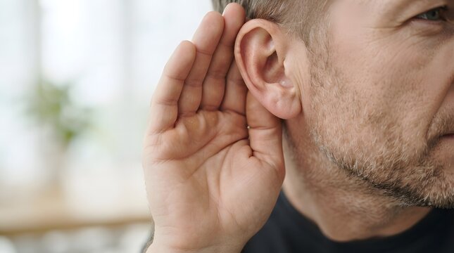 Man Cupping Hand Behind Ear to Hear Better, Hearing Loss and Difficulty Listening Concept