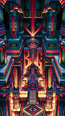 Obraz premium Surreal cyberpunk occult architecture with futuristic graffiti illusion and abstract mystical symbolism