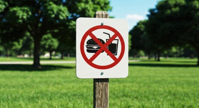 No food/drink sign in park, burger/soda crossed out. Green trees, grass
