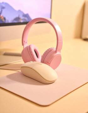 Pastel-pink wireless headphones draped over a cream-colored wireless mouse on a soft felt desk mat.