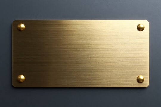 Blank brass metallic plaque mockup with rivets attached to dark wall. Elegant golden frame template for modern corporate sign, office door plate, luxury brand identity or engraving project.