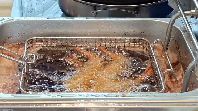 Frying ebi fry shrimp prawns in a deep fryer, Japanese Fast Food Kitchen Cookware, Bubbling Cooking Oil, Seafood Cuisine, Catering Industry