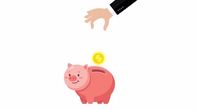 Cartoon animation of a businessman hand inserting a gold coin into a pink piggy bank for savings and financial investment on a transparent alpha channel background