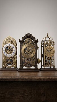 Three antique ornate mantel clocks with visible intricate gears and roman numerals stand in a row on a wooden surface, showcasing exquisite craftsmanship and timeless elegance.