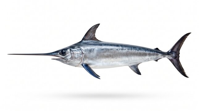 A magnificent swordfish with its iconic bill poised for action swims gracefully, showcasing the sleek, powerful form of this apex ocean predator against a clean white backdrop.