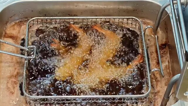Frying ebi fry shrimp prawns in a deep fryer, Japanese Fast Food Kitchen Cookware, Bubbling Cooking Oil, Seafood Cuisine, Catering Industry, Overhead Shot