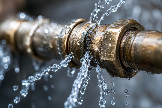 Damaged brass pipe spraying pressurized water through a leaky connection joint captured in a sharp macro close up professional shot