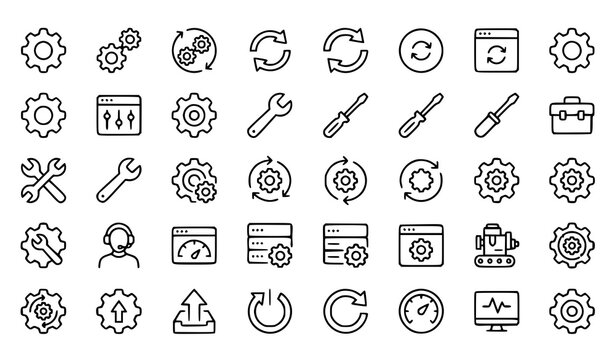 Settings and Tools Line Icon Set, Gear Wrench Screwdriver Configuration Maintenance Outline Icons for Web and App Design