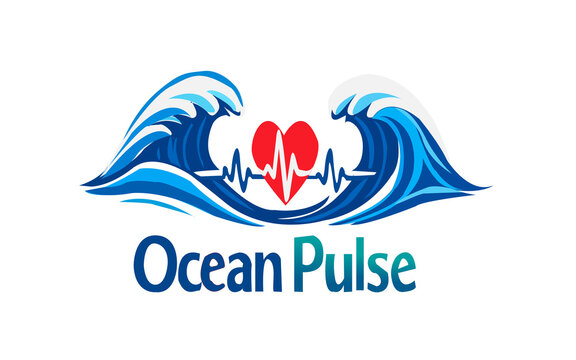 Ocean pulse vector logo design with blue waves, red heart and heartbeat pulse line.