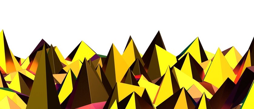 A vibrant abstract 3D render with sharp, colorful geometric shapes resembling mountains.