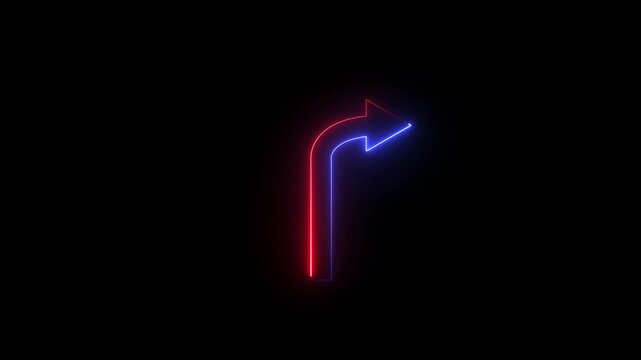 Neon right turn arrow icon animation with glowing road sign symbol on dark background for navigation and directional guidance.