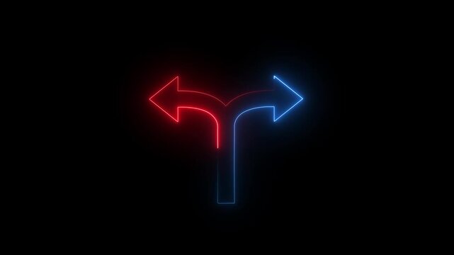 Neon glowing split arrow icon animation with red and blue directional paths for decision making, business strategy and technology presentations.