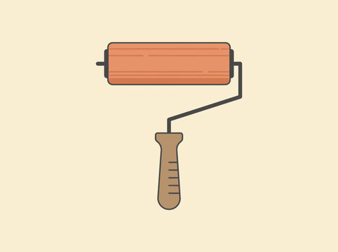 Flat illustration of a classic paint roller with orange foam and brown handle.