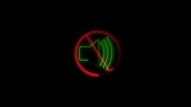 Red and blue neon mute speaker icon animation with glowing sound off symbol on black background.