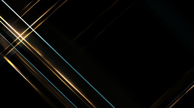Futuristic abstract dark background with diagonal glowing gold and cyan blue intersecting light lines for high tech digital design