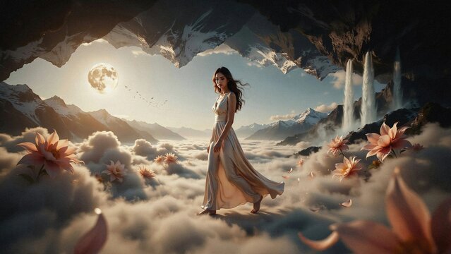 surreal dreamscape of a woman walking on clouds under inverted mountains