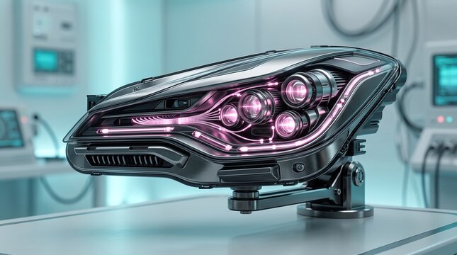 A futuristic metallic automotive headlight with glowing pink neon accents sits on a laboratory workbench.