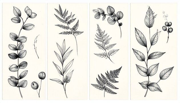 Hand-drawn black and white eucalyptus and fern botanical line art illustrations set