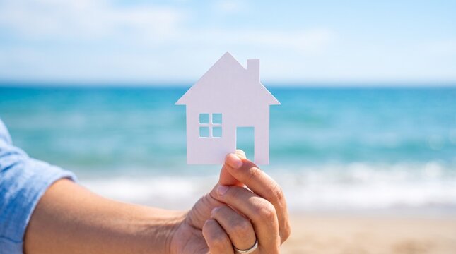 Hand holding house icon on beach