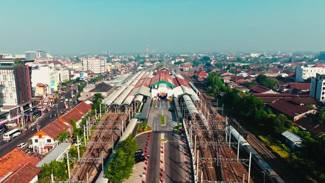 Elevated view along railway tracks and station corridor in Yogyakarta