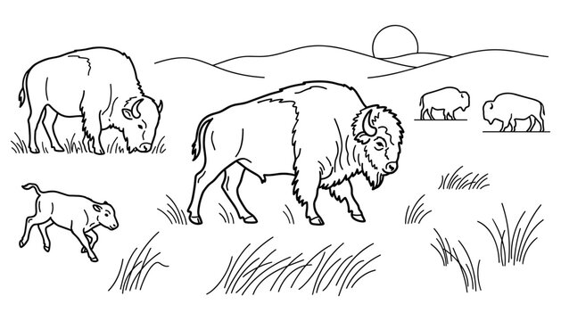 American Bison Herd Vector Illustration Featuring Buffalo Family Grazing in Mountain Desert Landscape Outline Outline Elements for Coloring Book and Wild Nature Graphics