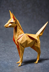 Naklejka premium Brown origami dog standing on a dark gray textured surface, paper art and craftsmanship