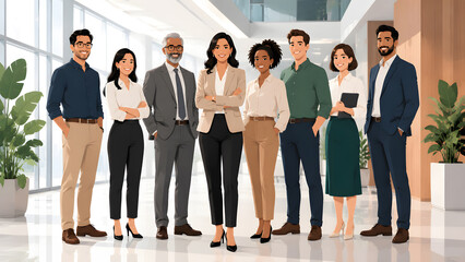 Obraz premium Diverse group of professional business people standing together in modern office lobby illustration